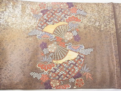 平和屋着物◎六通太鼓柄袋帯 唐織 扇面草花文 金糸 引箔 逸品 BAAG9697if
