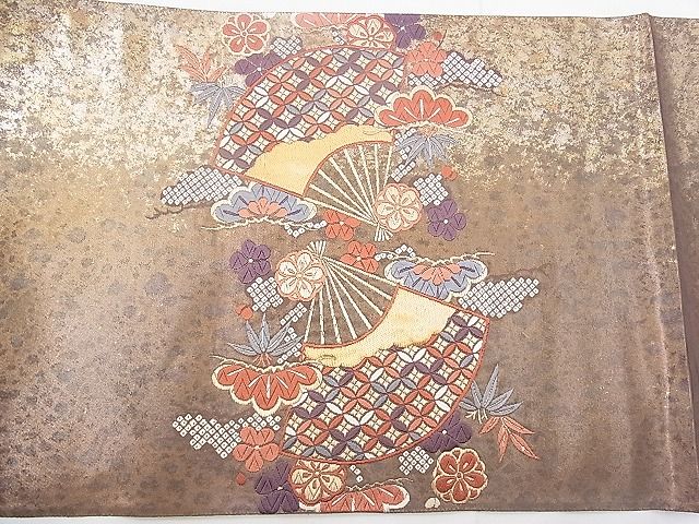 平和屋着物◎六通太鼓柄袋帯 唐織 扇面草花文 金糸 引箔 逸品 BAAG9697if