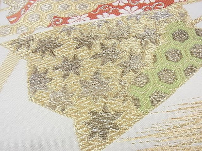 平和屋着物◎六通柄袋帯 唐織 縦枠扇面散らし 金糸 逸品 BAAH1231wk