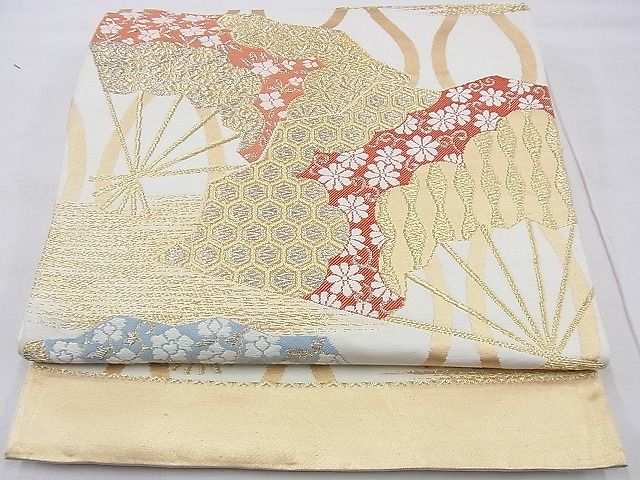 平和屋着物◎六通柄袋帯 唐織 縦枠扇面散らし 金糸 逸品 BAAH1231wk