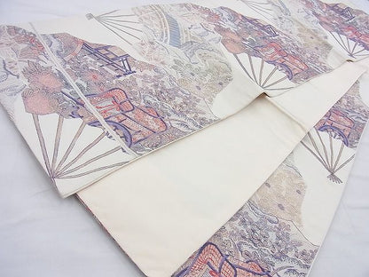平和屋着物◎六通柄袋帯 唐織 扇面風景文 金糸 逸品 BAAH1304wk