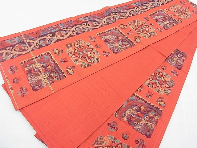 平和屋着物◎六通柄 本袋帯 石摺唐糸 更紗人物花文 逸品 BAAH1032ns