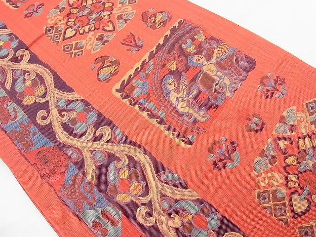 平和屋着物◎六通柄 本袋帯 石摺唐糸 更紗人物花文 逸品 BAAH1032ns