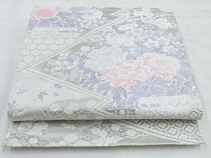 平和屋着物◎六通柄袋帯 唐織 松皮菱吉祥花文 九百錦 プラチナ箔 銀糸 逸品 BAAG6501xa