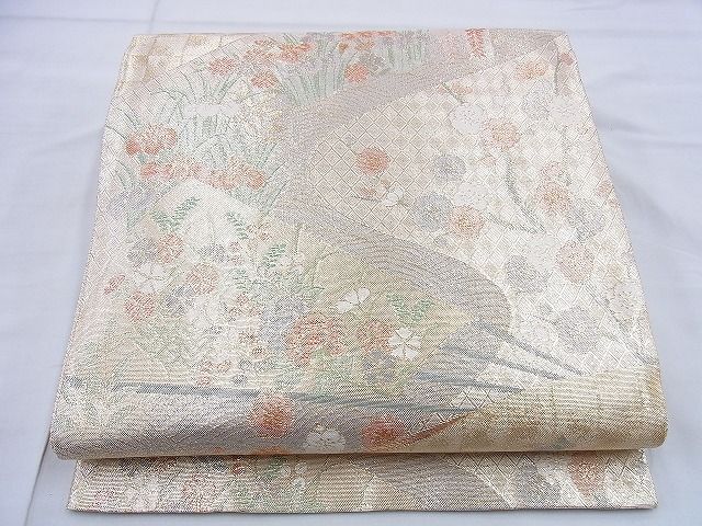 平和屋着物◎宝珠本佐賀錦 六通柄袋帯 扇面流水花文 九百錦 金糸 逸品 BAAG5825jm