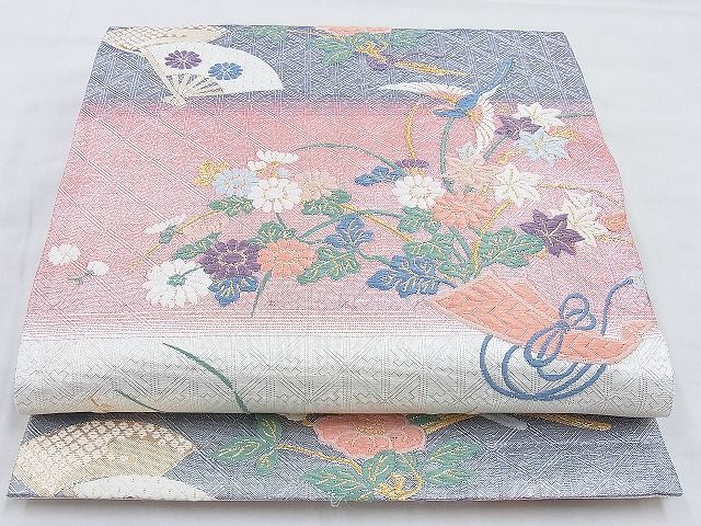 平和屋着物◎佐賀錦 六通柄袋帯 唐織 扇面花鳥文 金銀糸 逸品 BAAG6558xa