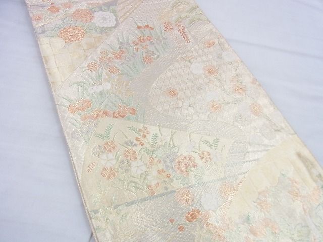 平和屋着物◎宝珠本佐賀錦 六通柄袋帯 扇面流水花文 九百錦 金糸 逸品 BAAG5825jm