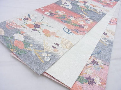 平和屋着物◎佐賀錦 六通柄袋帯 唐織 扇面花鳥文 金銀糸 逸品 BAAG6558xa