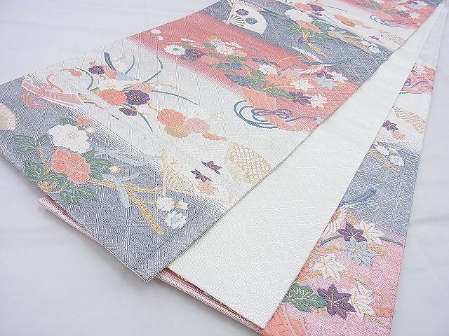 平和屋着物◎佐賀錦 六通柄袋帯 唐織 扇面花鳥文 金銀糸 逸品 BAAG6558xa