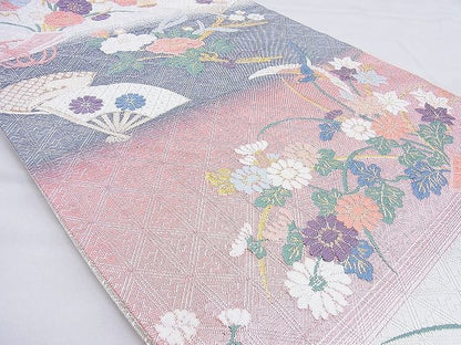 平和屋着物◎佐賀錦 六通柄袋帯 唐織 扇面花鳥文 金銀糸 逸品 BAAG6558xa