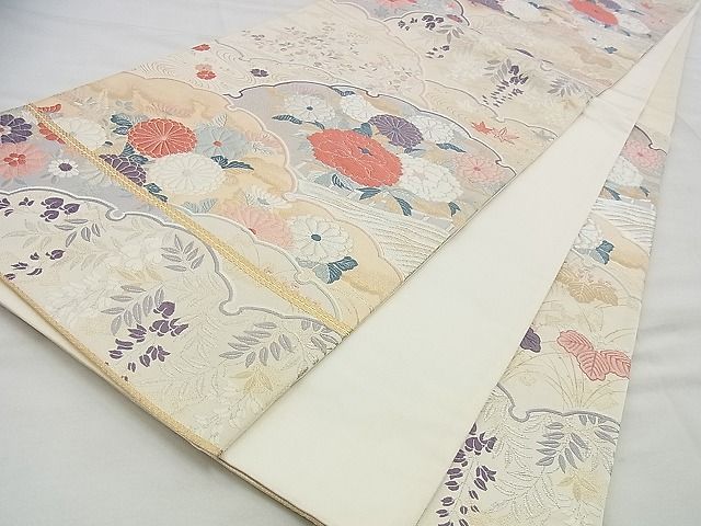 平和屋着物◎六通柄袋帯 唐織 雪輪青海波花文 九百錦 金銀糸 逸品 BAAG6574xa