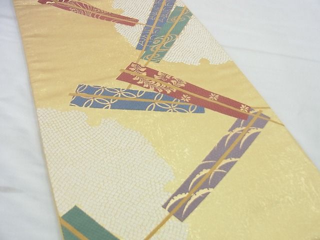 平和屋着物◎六通柄袋帯 唐織 扇散らし 金糸 逸品 BAAG5938jm