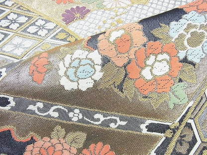 平和屋着物◎六通柄袋帯 唐織 菱天井雪輪花文 黒地 金銀糸 逸品 BAAG5991jm