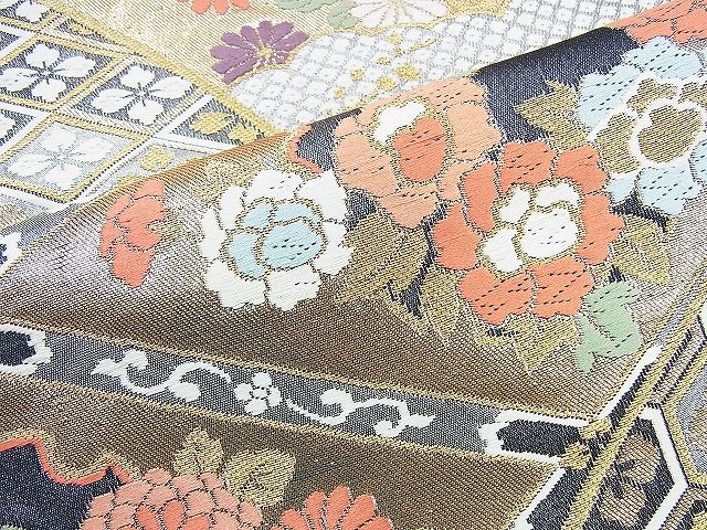 平和屋着物◎六通柄袋帯 唐織 菱天井雪輪花文 黒地 金銀糸 逸品 BAAG5991jm