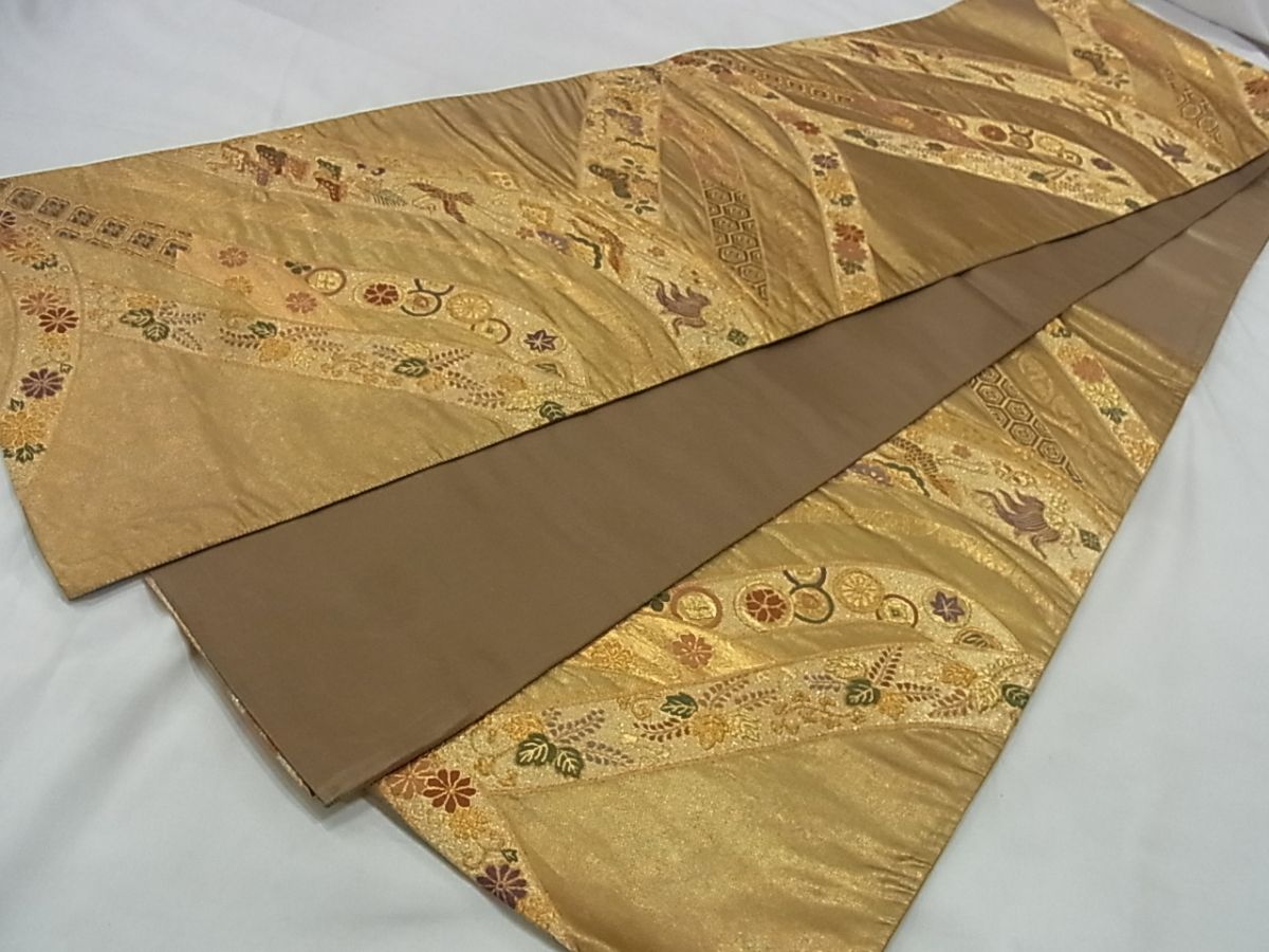 平和屋着物■六通柄袋帯 唐織 草花飛鶴宝尽くし 金糸 正絹 逸品 A-sx6172