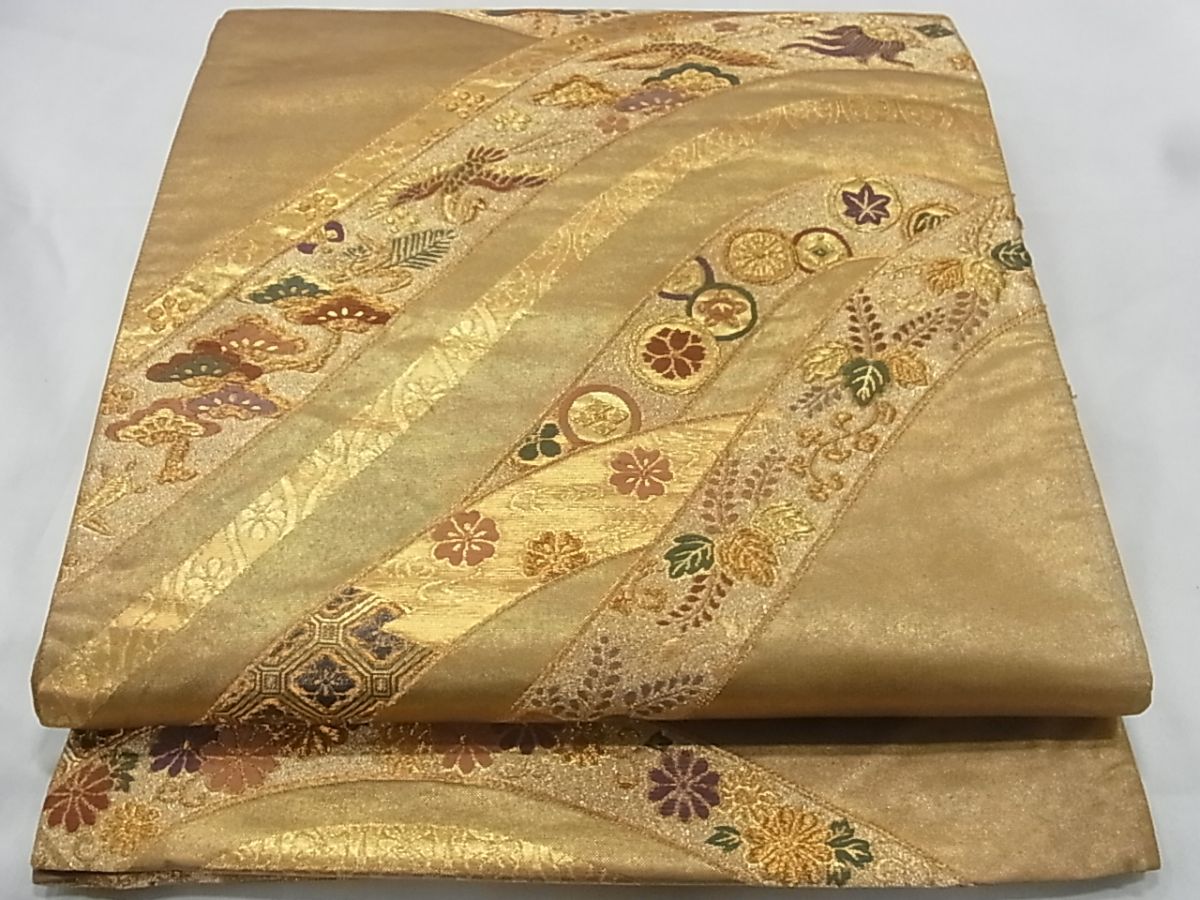 平和屋着物■六通柄袋帯 唐織 草花飛鶴宝尽くし 金糸 正絹 逸品 A-sx6172