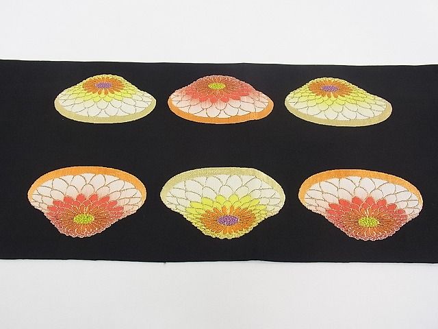 平和屋本店●最高級 龍村平蔵製 六通太鼓柄 本袋帯 追粉菊錦 黒地 金糸 逸品 CZAA0592s4