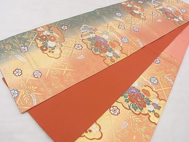 平和屋着物◎六通柄袋帯 唐織 雲取り花文 金糸 逸品 BAAH1078ns