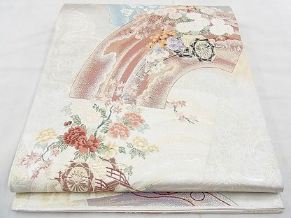 平和屋着物◎六通柄袋帯 唐織 扇面花面文 銀銹の美 金銀糸 逸品 BAAH1100ns