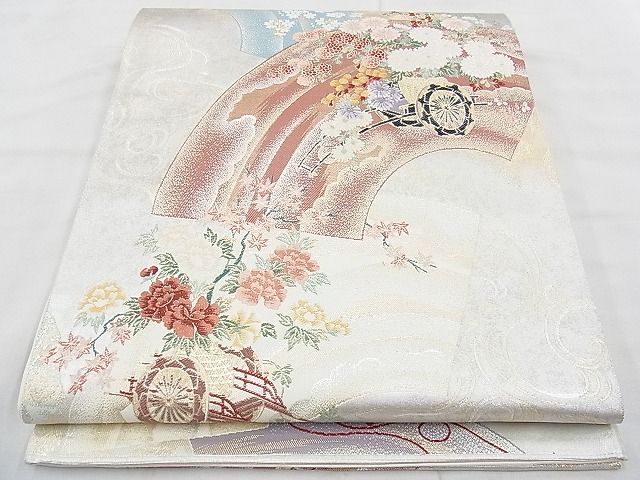 平和屋着物◎六通柄袋帯 唐織 扇面花面文 銀銹の美 金銀糸 逸品 BAAH1100ns