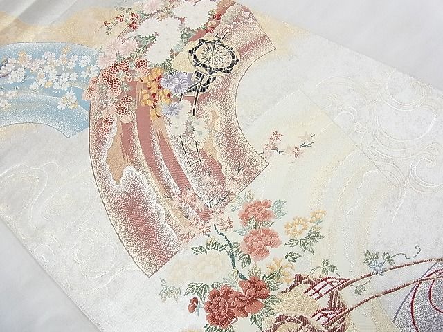 平和屋着物◎六通柄袋帯 唐織 扇面花面文 銀銹の美 金銀糸 逸品 BAAH1100ns