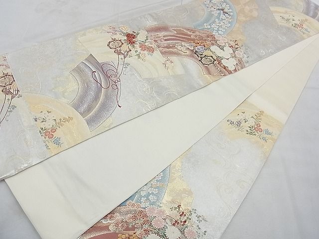平和屋着物◎六通柄袋帯 唐織 扇面花面文 銀銹の美 金銀糸 逸品 BAAH1100ns