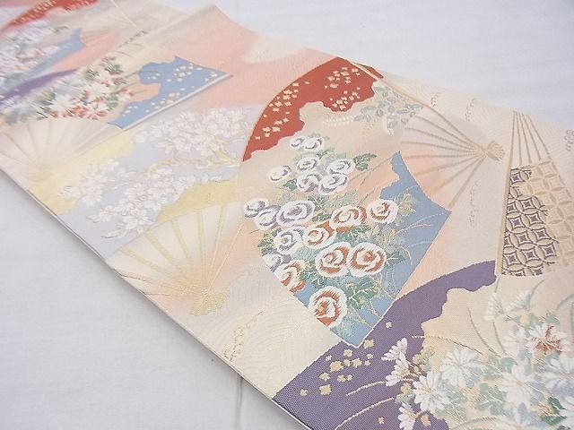 平和屋着物◎六通柄袋帯 唐織 扇面散らし花文 金銀糸 逸品 BAAG4506th