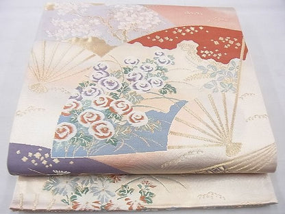 平和屋着物◎六通柄袋帯 唐織 扇面散らし花文 金銀糸 逸品 BAAG4506th