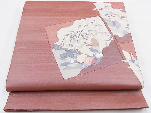 平和屋着物◎太鼓柄袋帯 すくい織 色紙流水草花文 逸品 BAAG4591th