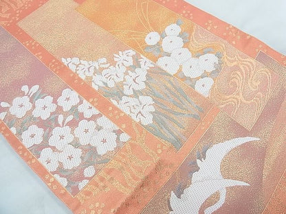 平和屋着物◎六通柄袋帯 唐織 短冊琳派飛鶴花文 金糸 逸品 BAAH1125ns
