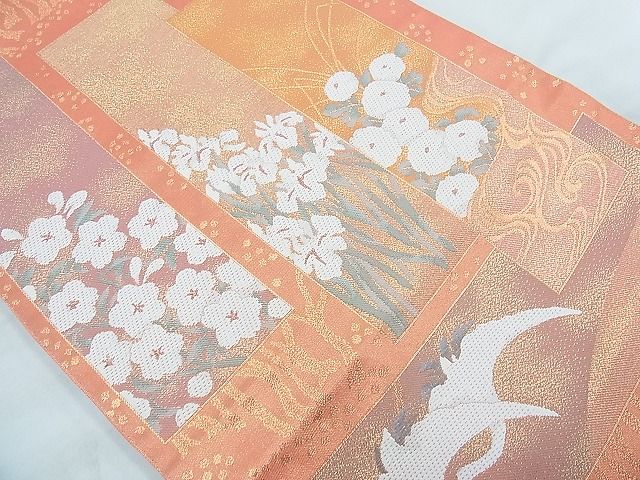 平和屋着物◎六通柄袋帯 唐織 短冊琳派飛鶴花文 金糸 逸品 BAAH1125ns