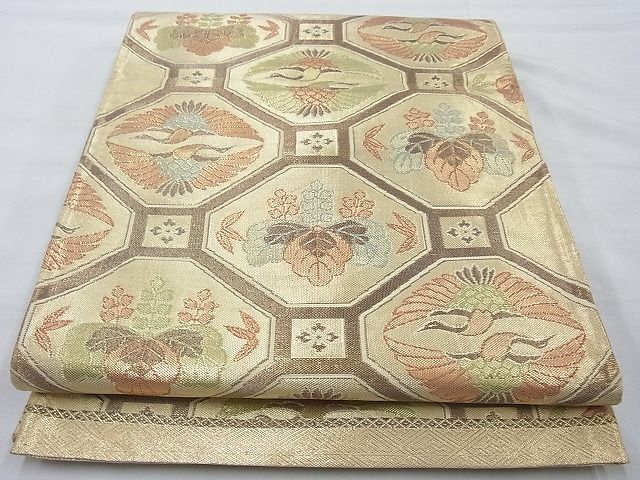 平和屋着物◎佐賀錦 六通柄袋帯 蜀江向かい鶴桐文 金糸 逸品 BAAG6911cm