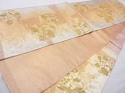 平和屋着物◎佐賀錦　六通柄袋帯　花鳥流水文　金糸　逸品　BAAG6983cm