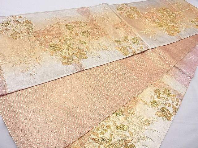 平和屋着物◎佐賀錦　六通柄袋帯　花鳥流水文　金糸　逸品　BAAG6983cm