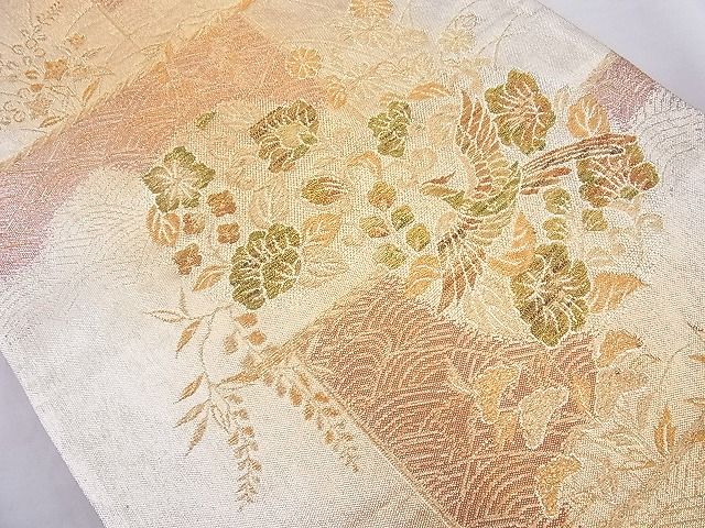 平和屋着物◎佐賀錦　六通柄袋帯　花鳥流水文　金糸　逸品　BAAG6983cm