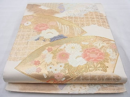 平和屋着物◎六通柄袋帯 唐織 地紙色紙花文 金銀糸 逸品 BAAH2209cm