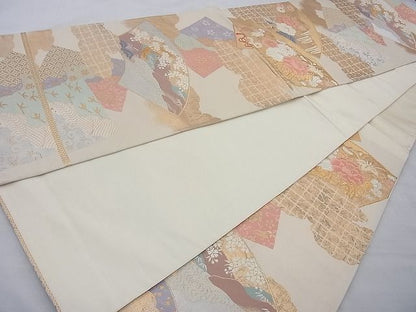 平和屋着物◎六通柄袋帯 唐織 地紙色紙花文 金銀糸 逸品 BAAH2209cm