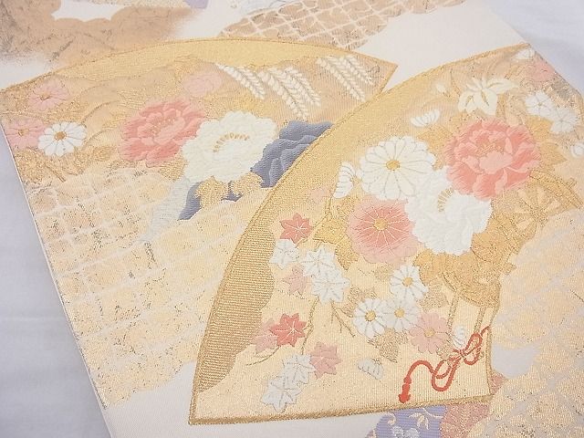 平和屋着物◎六通柄袋帯 唐織 地紙色紙花文 金銀糸 逸品 BAAH2209cm