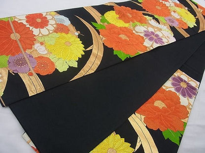 平和屋着物◎六通柄袋帯 唐織 草花文 黒地 金糸 逸品 BAAH2226cm