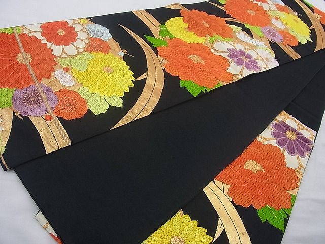 平和屋着物◎六通柄袋帯 唐織 草花文 黒地 金糸 逸品 BAAH2226cm
