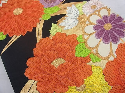平和屋着物◎六通柄袋帯 唐織 草花文 黒地 金糸 逸品 BAAH2226cm