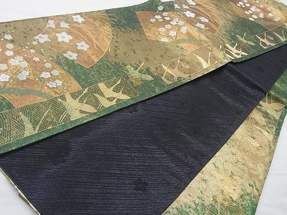 平和屋着物◎六通柄袋帯 飛鶴草花文 金糸 逸品 BAAH2237cm
