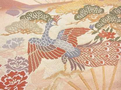 平和屋着物◎六通柄袋帯 唐織 扇面孔雀花文 金糸 逸品 BAAH2291cm