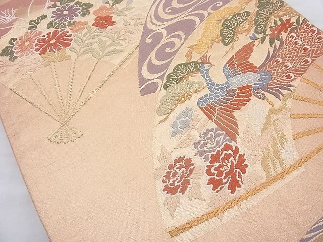 平和屋着物◎六通柄袋帯 唐織 扇面孔雀花文 金糸 逸品 BAAH2291cm