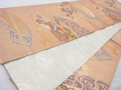 平和屋着物◎六通柄袋帯 唐織 扇面孔雀花文 金糸 逸品 BAAH2291cm