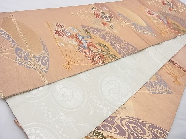 平和屋着物◎六通柄袋帯 唐織 扇面孔雀花文 金糸 逸品 BAAH2291cm
