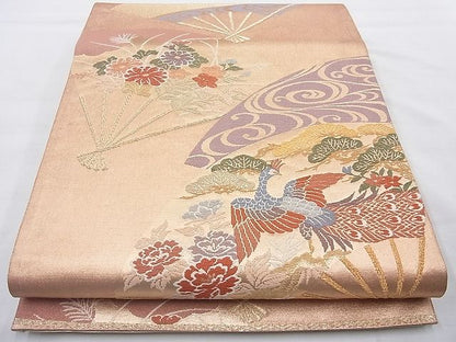 平和屋着物◎六通柄袋帯 唐織 扇面孔雀花文 金糸 逸品 BAAH2291cm