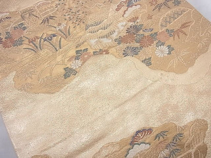 平和屋着物◎六通柄袋帯 唐織 風景草花文 金糸 逸品 BAAH2334cm