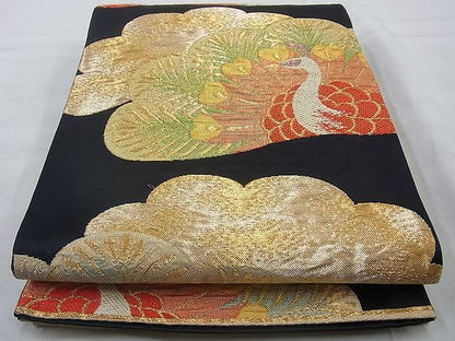 平和屋着物◎六通柄袋帯 孔雀 黒地 金銀糸 逸品 BAAH2324cm