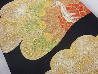 平和屋着物◎六通柄袋帯 孔雀 黒地 金銀糸 逸品 BAAH2324cm
